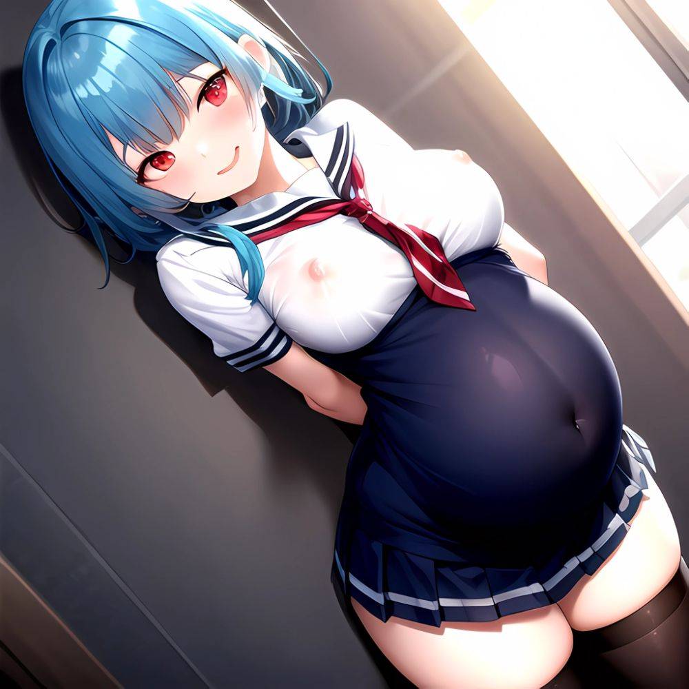 1girl Arms Behind Back 1 3 Blue Hair Blush Breasts Breasts Out Pregnant Long Hair Facing The Viewer Medium Breasts, 1536821928 - AIHentai - #main