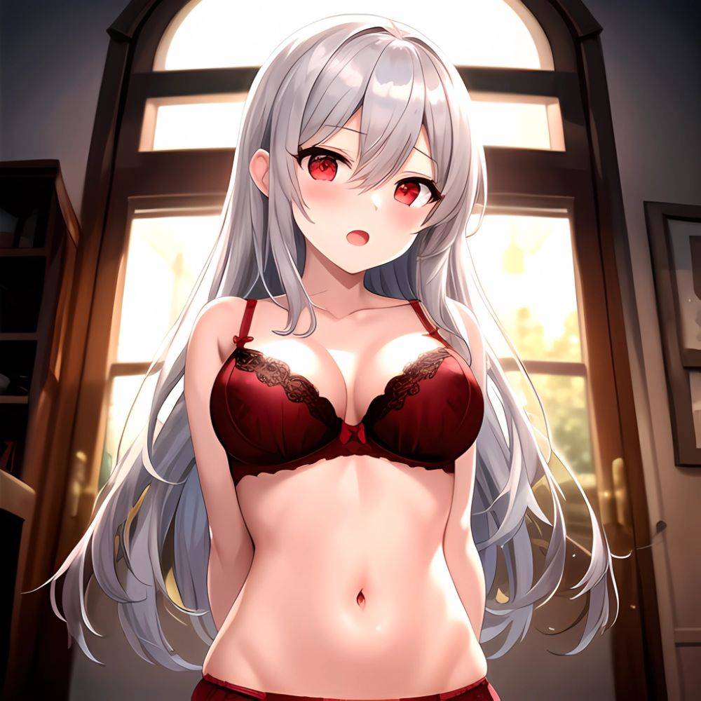 1girl Red Bra Blush Bra Breasts Double Parted Bangs Grey Hair Hair Between Eyes Indoors Large Breasts Long Hair Looking, 553215685 - AIHentai - #main