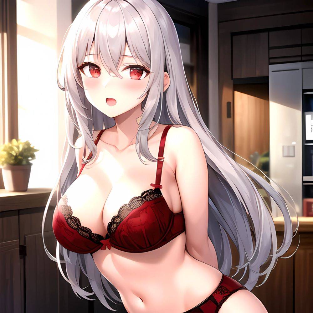 1girl Red Bra Blush Bra Breasts Double Parted Bangs Grey Hair Hair Between Eyes Indoors Large Breasts Long Hair Looking, 304593715 - AIHentai - #main