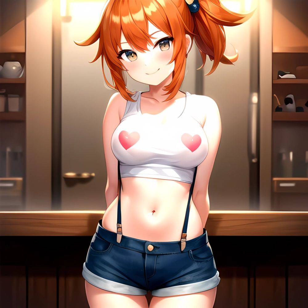 Misty Pokemon 1girl Blue Panties Breasts Denim Denim Shorts Head Tilt Heart Medium Breasts Navel Nipples No Bra Orange Hair, 1659649424 - AIHentai - #main