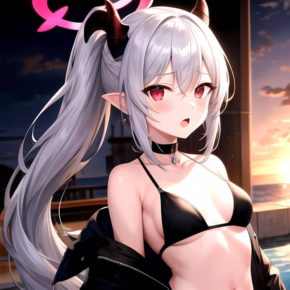 Kayoko Blue Archive 1girl Alternate Costume Bare Shoulders Bikini Black Bikini Black Choker Black Hair Black Horns Black Jacket, 1014545344 - AIHentai - #main