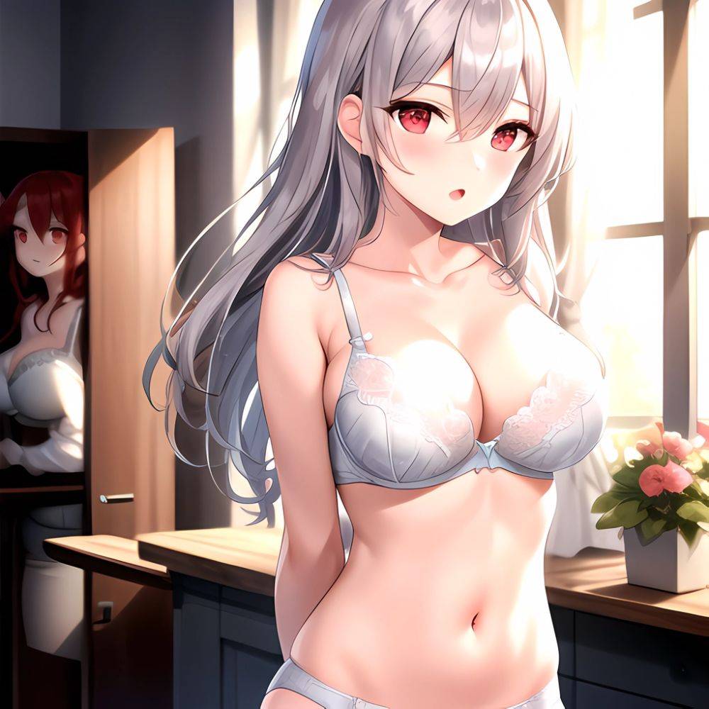 1girl White Bra Blush Bra Breasts Double Parted Bangs Grey Hair Hair Between Eyes Indoors Large Breasts Long Hair Looking, 3921586523 - AIHentai - #main