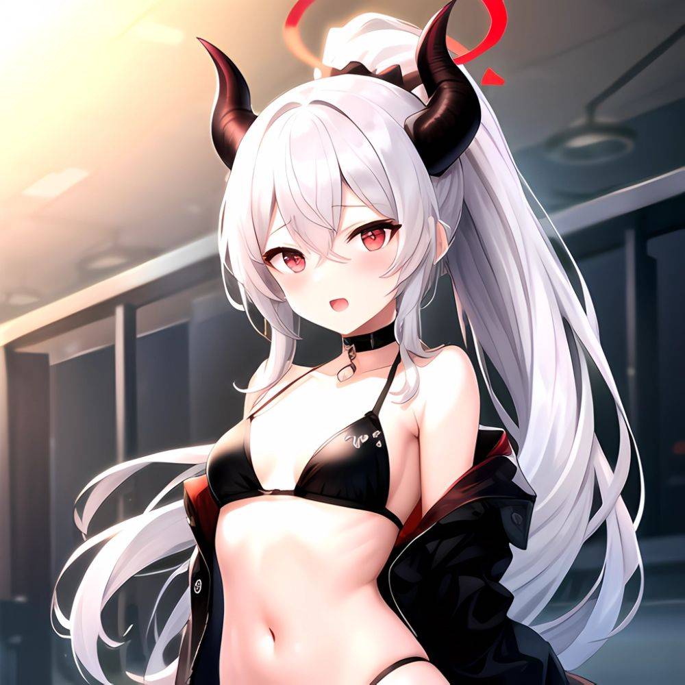 Kayoko Blue Archive 1girl Alternate Costume Bare Shoulders Bikini Black Bikini Black Choker Black Hair Black Horns Black Jacket, 2998318737 - AIHentai - #main