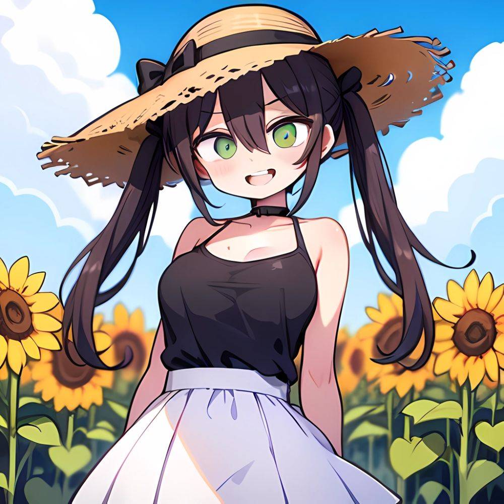 1girl D Backlighting Bare Arms Blue Sky Breasts Brown Hair Cloud Curvy Day Dress Flower Green Eyes Hair Between Eyes, 1925645699 - AIHentai - #main