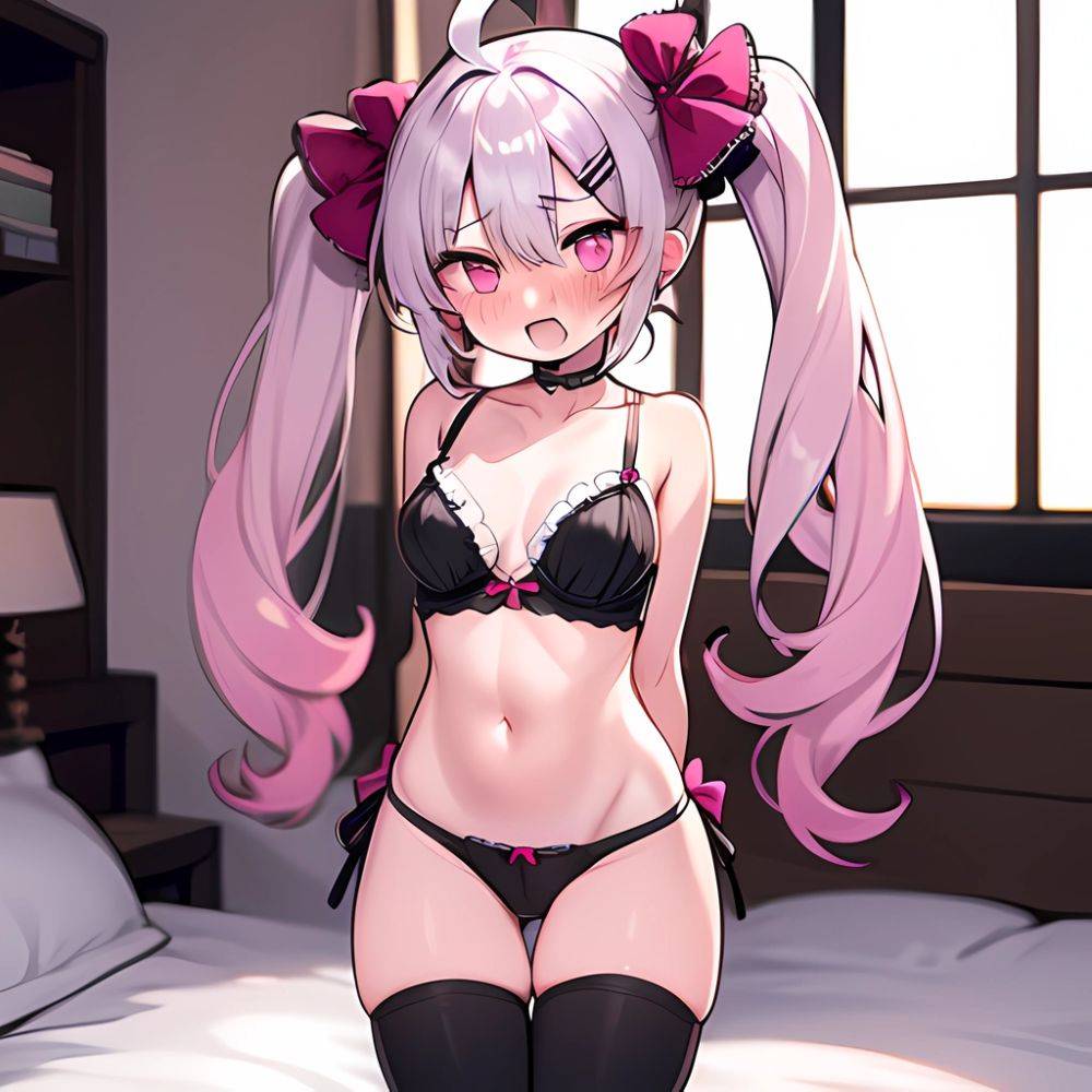 Hoshikawa Sara 1girl Ahoge Arms Behind Back Bed Black Choker Black Thighhighs Blush Bra Breasts Choker Cola Collarbone Dressing, 38321135 - AIHentai - #main