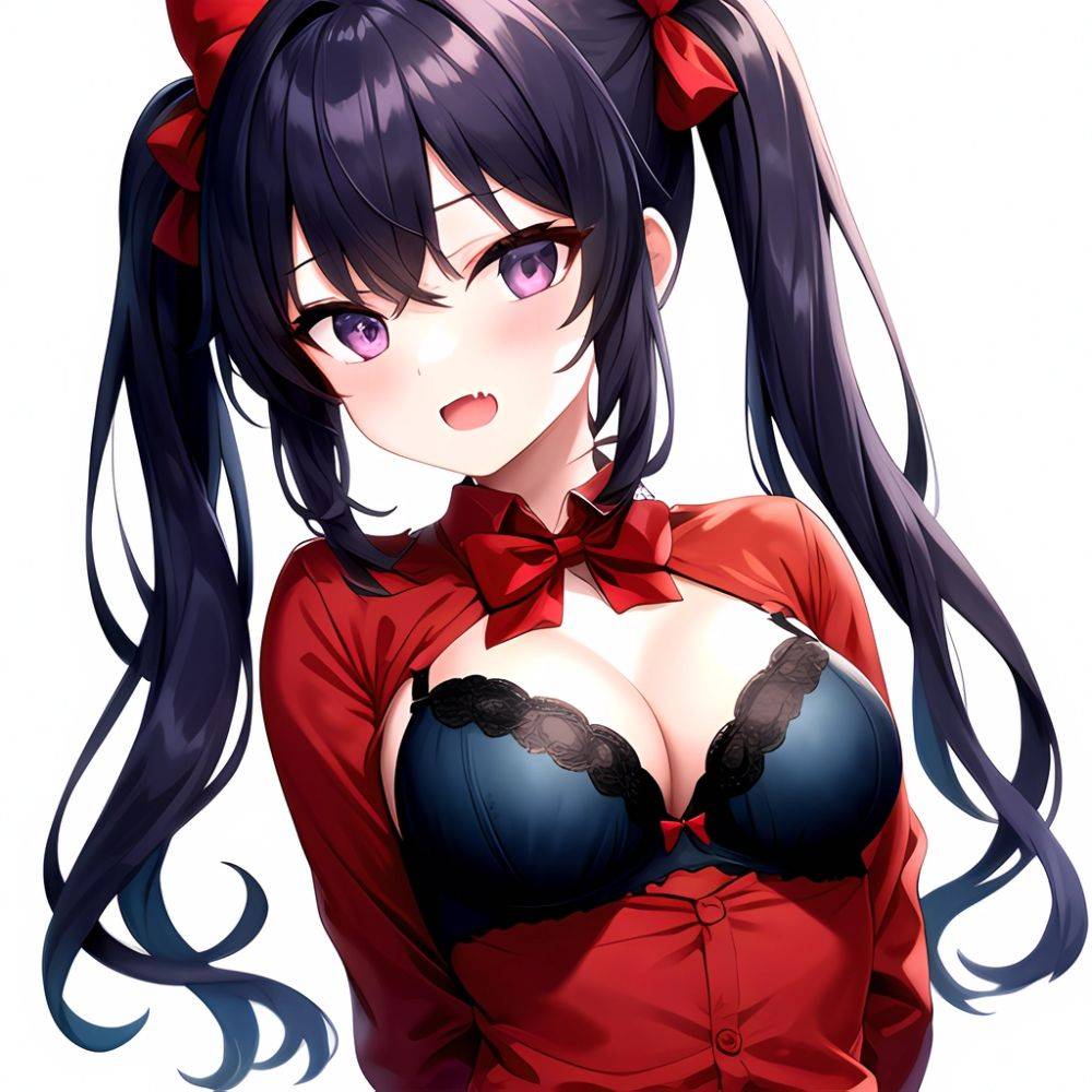 1girl Black Eyes Blue Hair Blush Bow Bowtie Bra Breasts Center Opening Cleavage Collared Shirt Fang Black Bra Hair Intakes, 3326042697 - AIHentai - #main