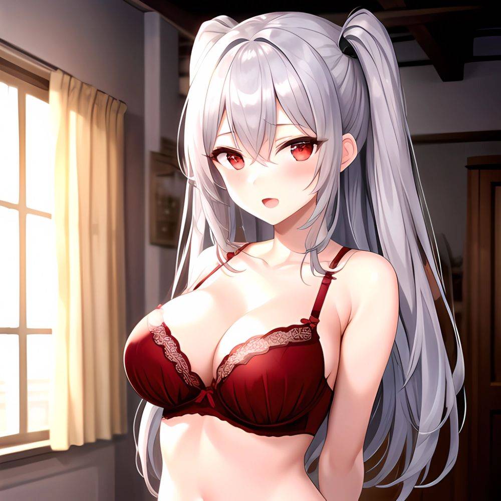 1girl Red Bra Blush Bra Breasts Double Parted Bangs Grey Hair Hair Between Eyes Indoors Large Breasts Long Hair Looking, 2085070011 - AIHentai - #main