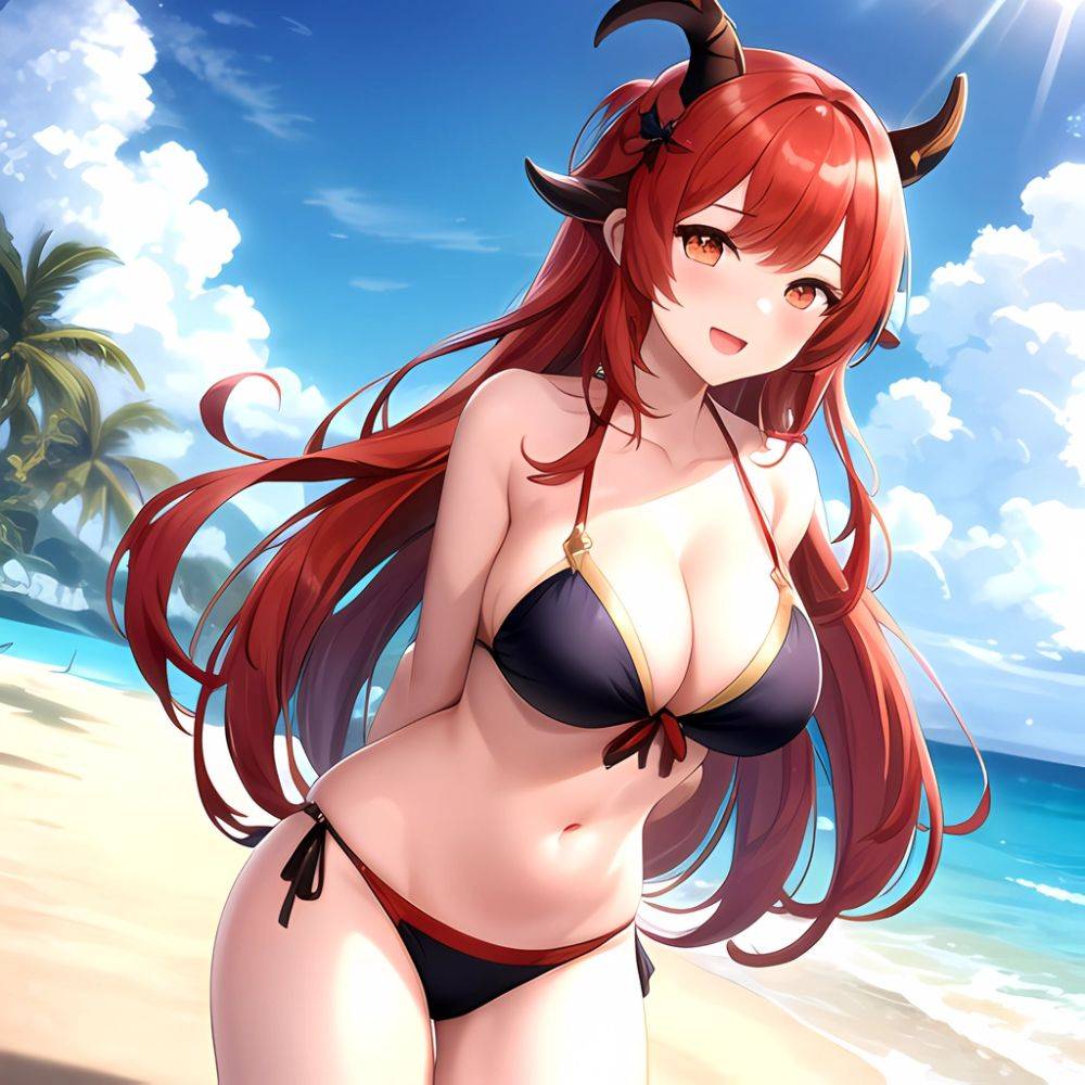 Nilou Genshin Impact 1girl Bare Shoulders Beach Bikini Blush Breasts Cleavage Collarbone Fake Horns Horns Large Breasts Long Hai, 3226784622 - AIHentai - #main