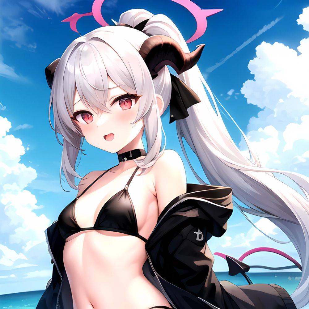Kayoko Blue Archive 1girl Alternate Costume Bare Shoulders Bikini Black Bikini Black Choker Black Hair Black Horns Black Jacket, 1307637737 - AIHentai - #main