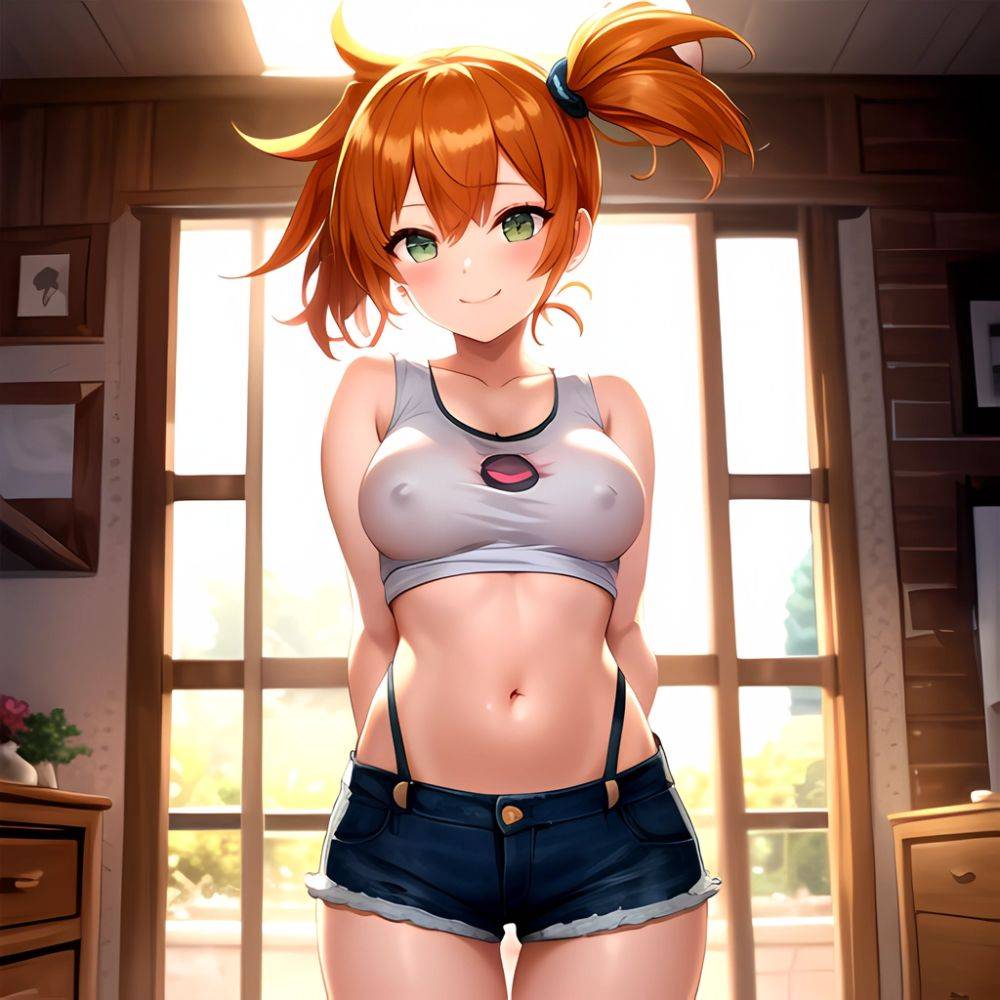 Misty Pokemon 1girl Blue Panties Breasts Denim Denim Shorts Head Tilt Heart Medium Breasts Navel Nipples No Bra Orange Hair, 3792075918 - AIHentai - #main