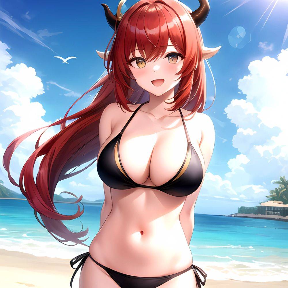Nilou Genshin Impact 1girl Bare Shoulders Beach Bikini Blush Breasts Cleavage Collarbone Fake Horns Horns Large Breasts Long Hai, 2981701027 - AIHentai - #main