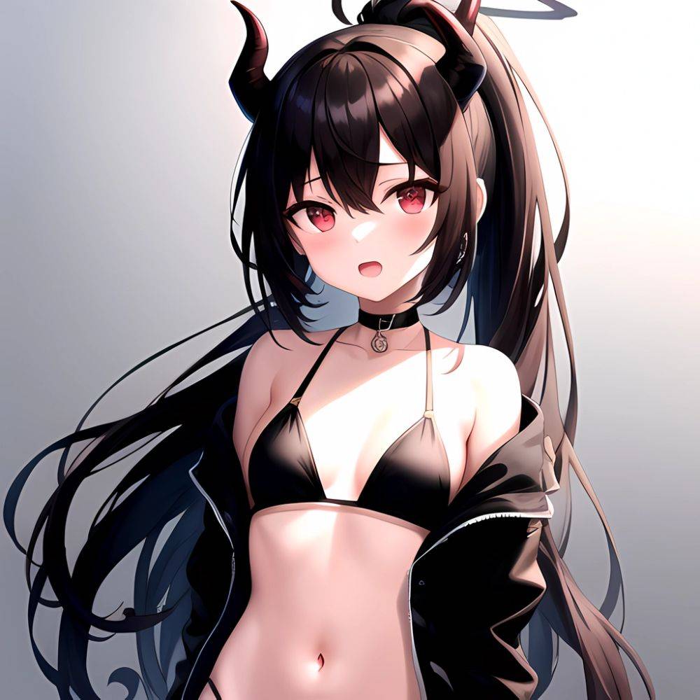 Kayoko Blue Archive 1girl Alternate Costume Bare Shoulders Bikini Black Bikini Black Choker Black Hair Black Horns Black Jacket, 3963707874 - AIHentai - #main
