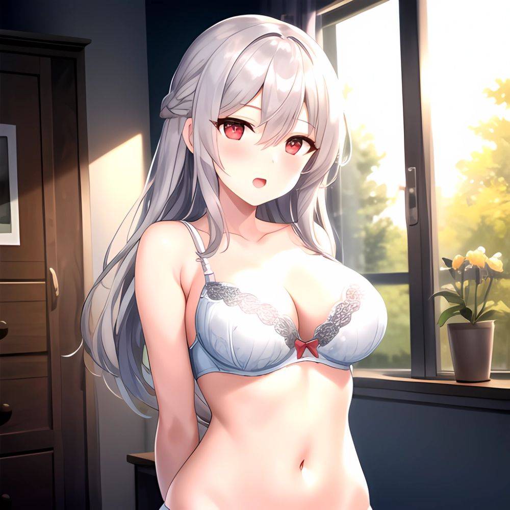 1girl White Bra Blush Bra Breasts Double Parted Bangs Grey Hair Hair Between Eyes Indoors Large Breasts Long Hair Looking, 1509327251 - AIHentai - #main