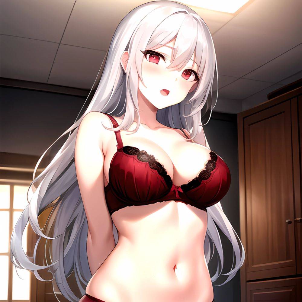 1girl Red Bra Blush Bra Breasts Double Parted Bangs Grey Hair Hair Between Eyes Indoors Large Breasts Long Hair Looking, 979218450 - AIHentai - #main