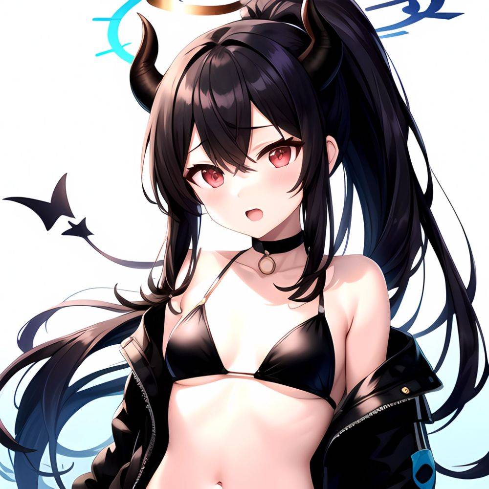 Kayoko Blue Archive 1girl Alternate Costume Bare Shoulders Bikini Black Bikini Black Choker Black Hair Black Horns Black Jacket, 1448732815 - AIHentai - #main