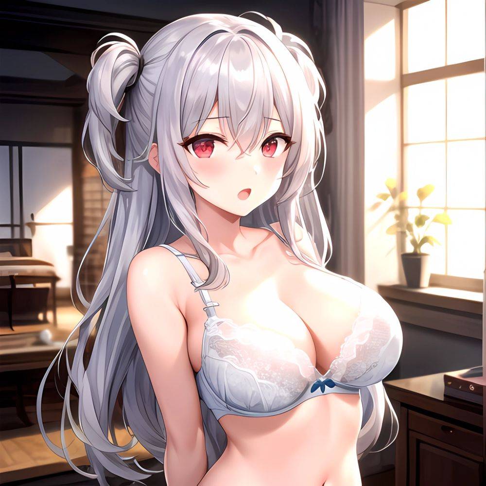 1girl White Bra Blush Bra Breasts Double Parted Bangs Grey Hair Hair Between Eyes Indoors Large Breasts Long Hair Looking, 2505907294 - AIHentai - #main