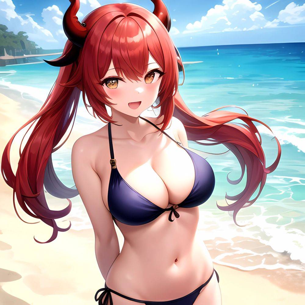 Nilou Genshin Impact 1girl Bare Shoulders Beach Bikini Blush Breasts Cleavage Collarbone Fake Horns Horns Large Breasts Long Hai, 1364732151 - AIHentai - #main