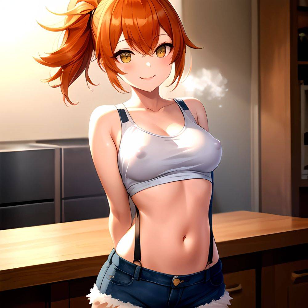 Misty Pokemon 1girl Blue Panties Breasts Denim Denim Shorts Head Tilt Heart Medium Breasts Navel Nipples No Bra Orange Hair, 4190136913 - AIHentai - #main
