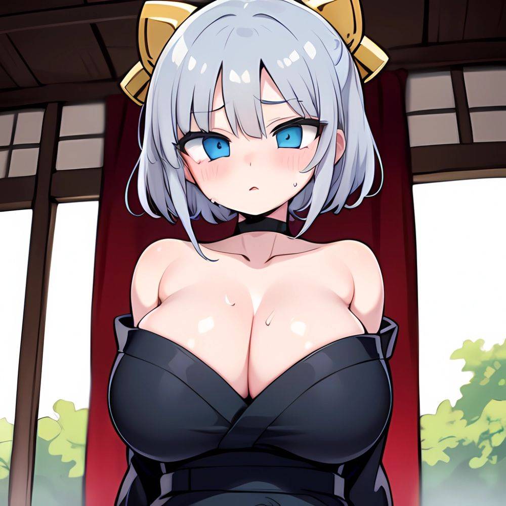 Yumi Senran Kagura 1girl Bare Shoulders Blue Eyes Breasts Cleavage Grey Hair Huge Breasts Japanese Clothes Kimono Looking At Vie, 848370345 - AIHentai - #main