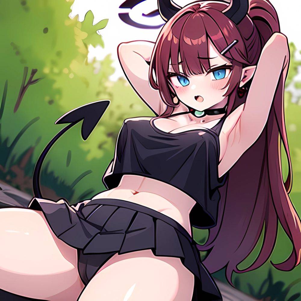 Megu Blue Archive 1girl Areola Slip Armpits Arms Behind Head Bare Shoulders Black Skirt Blue Eyes Blush Breasts Choker Cleavage, 3705359134 - AIHentai - #main