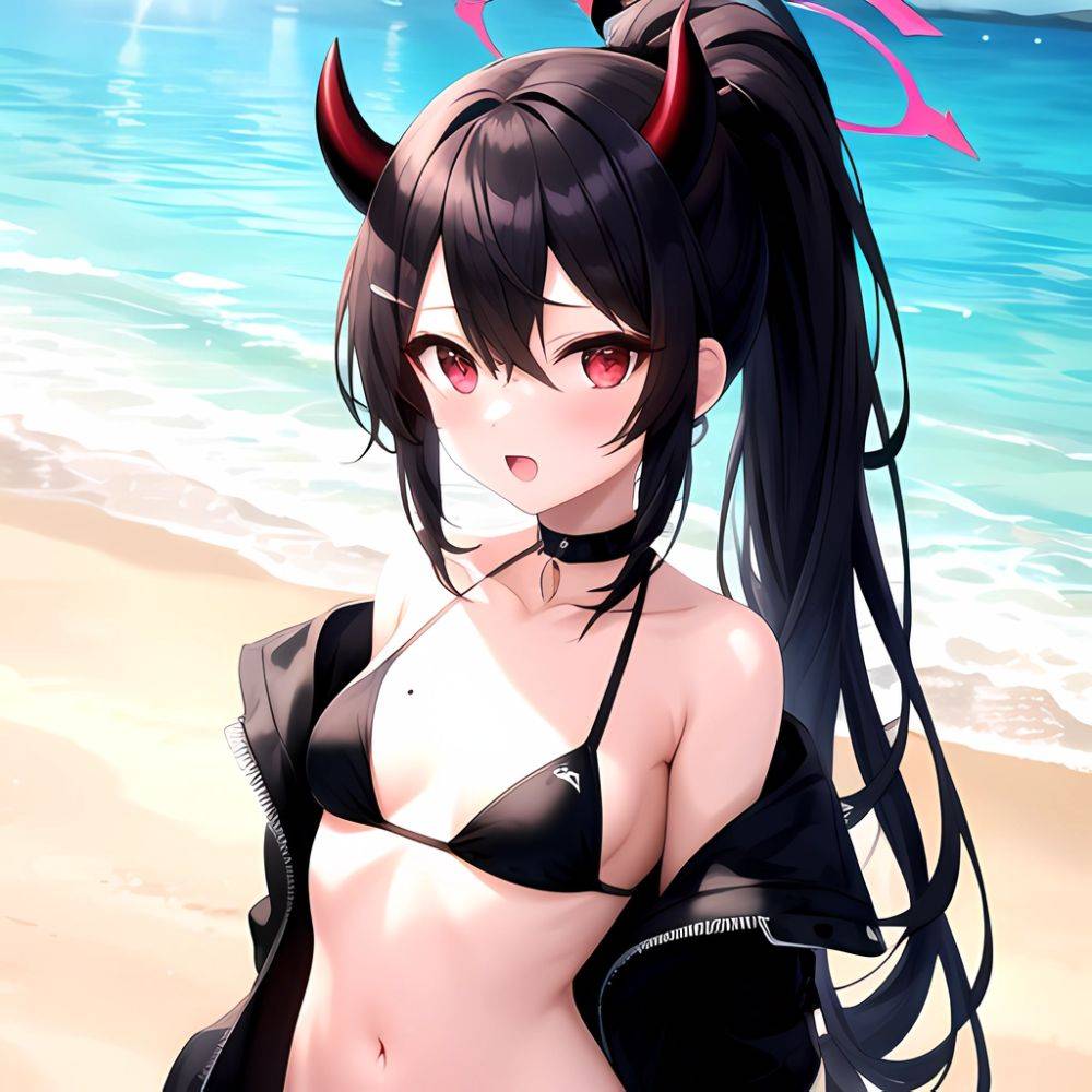 Kayoko Blue Archive 1girl Alternate Costume Bare Shoulders Bikini Black Bikini Black Choker Black Hair Black Horns Black Jacket, 2840897814 - AIHentai - #main