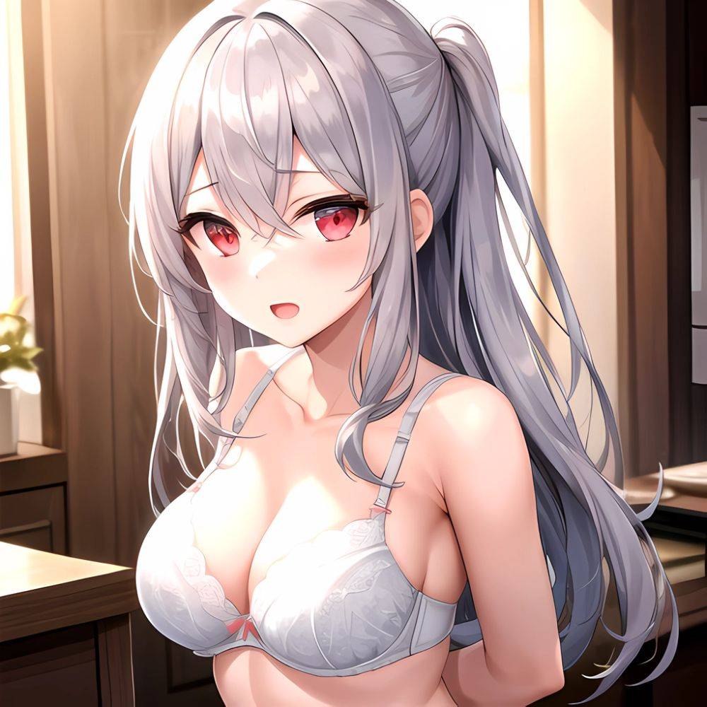 1girl White Bra Blush Bra Breasts Double Parted Bangs Grey Hair Hair Between Eyes Indoors Large Breasts Long Hair Looking, 693345625 - AIHentai - #main