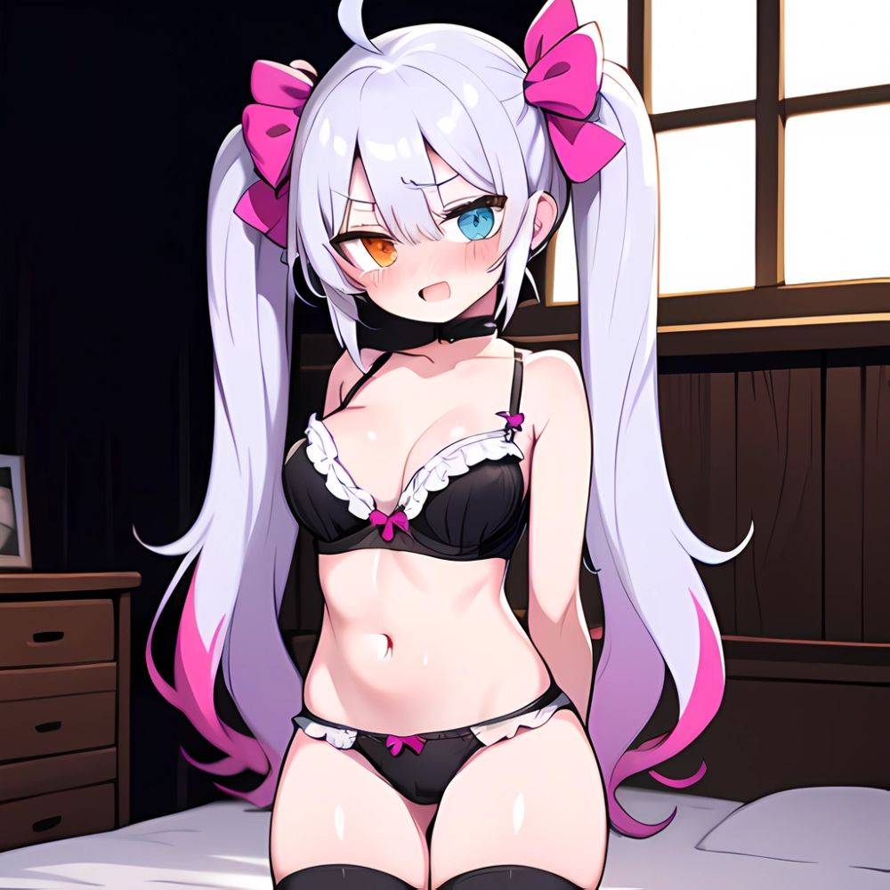 Hoshikawa Sara 1girl Ahoge Arms Behind Back Bed Black Choker Black Thighhighs Blush Bra Breasts Choker Cola Collarbone Dressing, 657721920 - AIHentai - #main