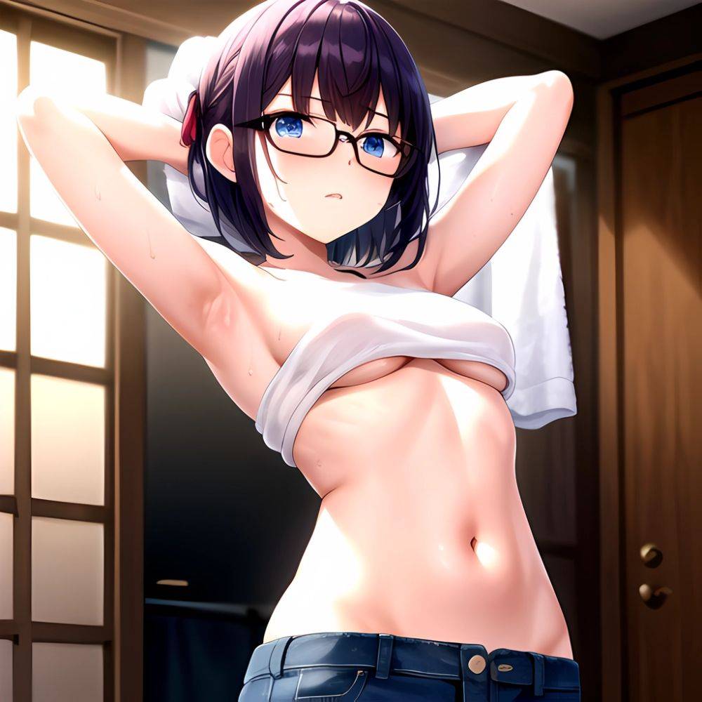 A Chan Hololive 1girl Armpits Arms Behind Head Black Framed Eyewear Blue Eyes Blue Pants Blue Ribbon Blurry Blurry Background, 755550965 - AIHentai - #main