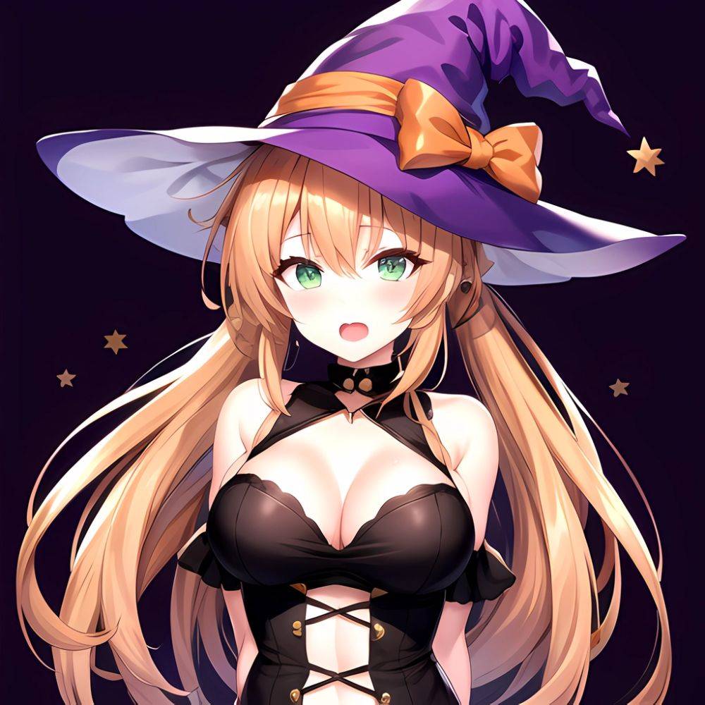 Chinatsu Suzutsuki Kurara 1girl Breasts Brown Hair Green Eyes Halloween Halloween Costume Hat Large Breasts Long Hair Open Mouth, 1890879750 - AIHentai - #main