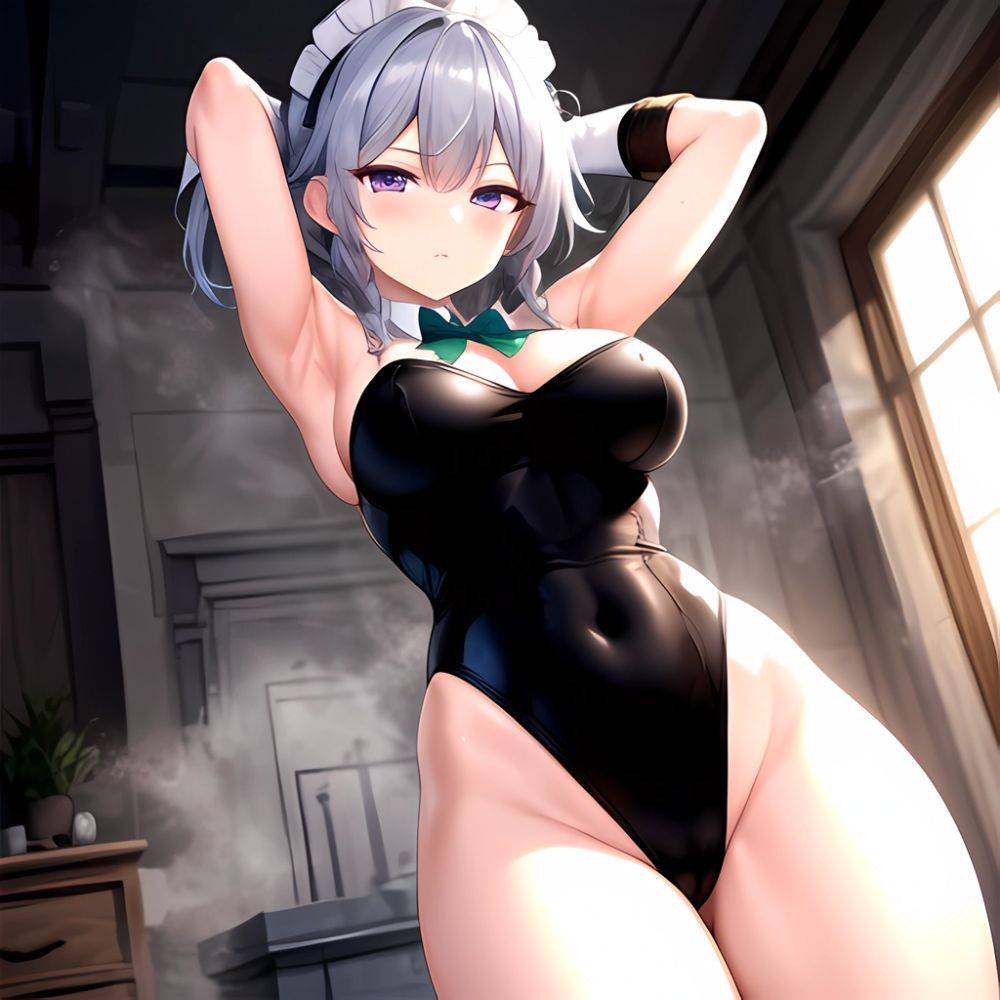 Izayoi Sakuya 1girl Armpits Blue Leotard Bow Braid Breasts Expressionless Gloves Green Bow Grey Hair Large Breasts Latex Latex G, 3335926814 - AIHentai - #main