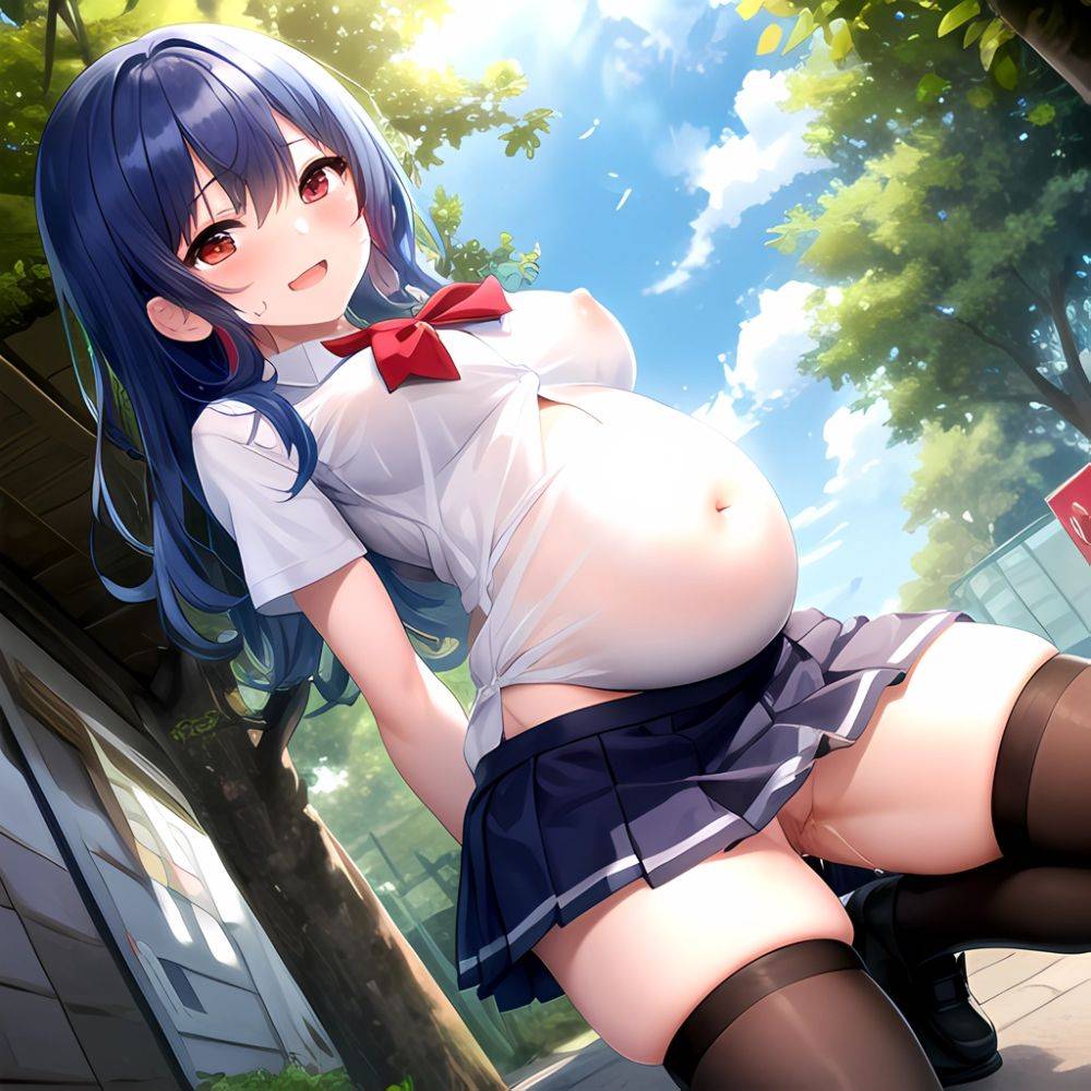 1girl Arms Behind Back 1 3 Blue Hair Blush Breasts Breasts Out Long Hair Facing The Viewer Medium Breasts Multicolored, 1410429085 - AIHentai - #main