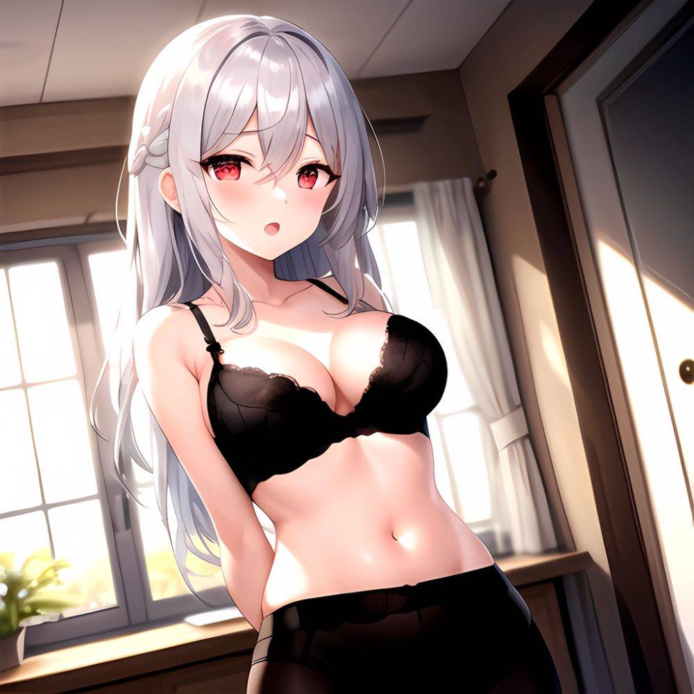1girl Black Bra Blush Bra Breasts Double Parted Bangs Grey Hair Hair Between Eyes Indoors Large Breasts Long Hair Looking, 2688890734 - AIHentai - #main
