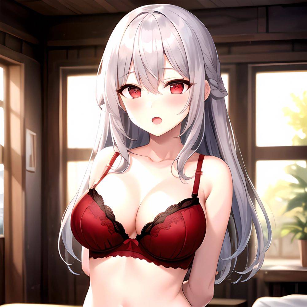 1girl Red Bra Blush Bra Breasts Double Parted Bangs Grey Hair Hair Between Eyes Indoors Large Breasts Long Hair Looking, 2941094703 - AIHentai - #main