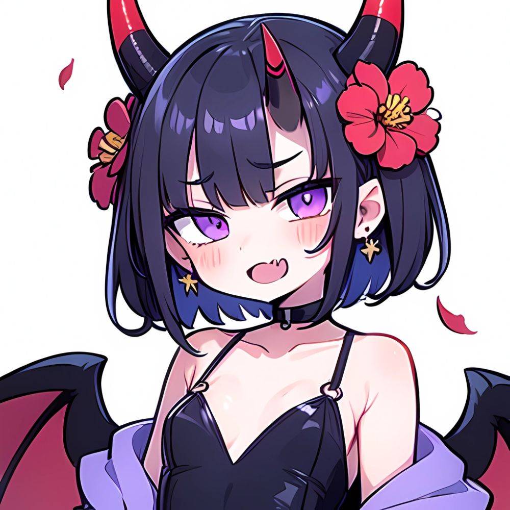 Shuten Douji Fate 1girl Blush Bob Cut Breasts Collarbone Earrings Fang Flower Hair Flower Hair Ornament Horns Jewelry Looking At, 1428096830 - AIHentai - #main