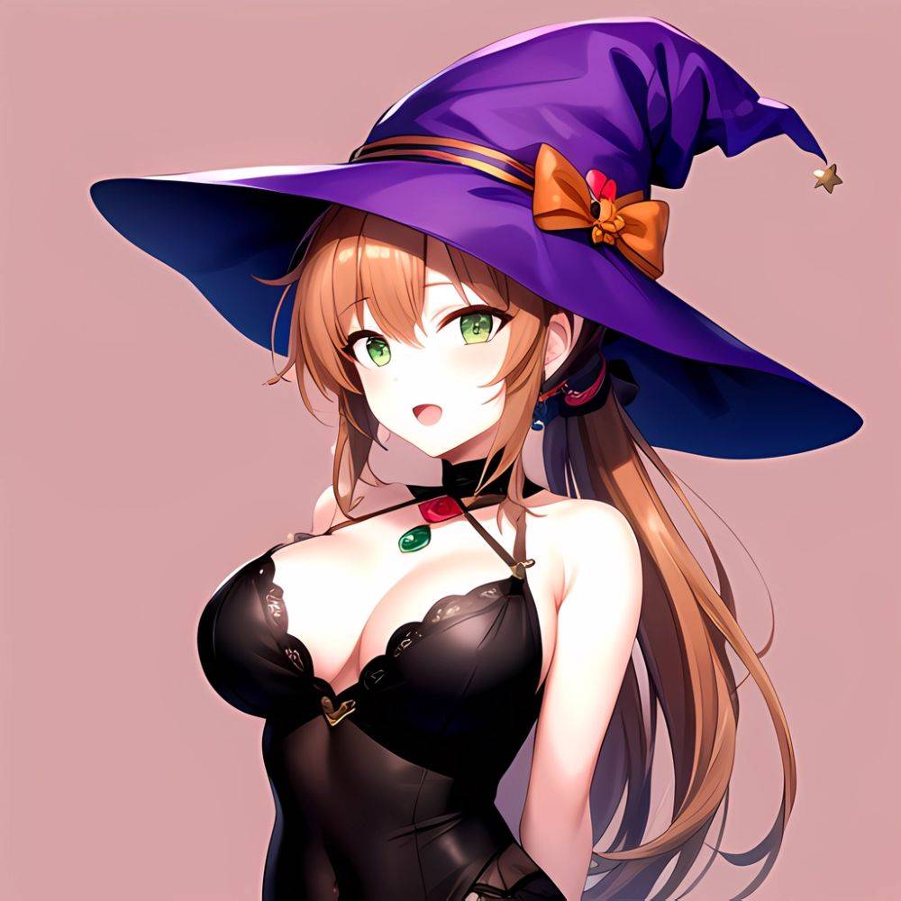 Chinatsu Suzutsuki Kurara 1girl Breasts Brown Hair Green Eyes Halloween Halloween Costume Hat Large Breasts Long Hair Open Mouth, 3265042714 - AIHentai - #main