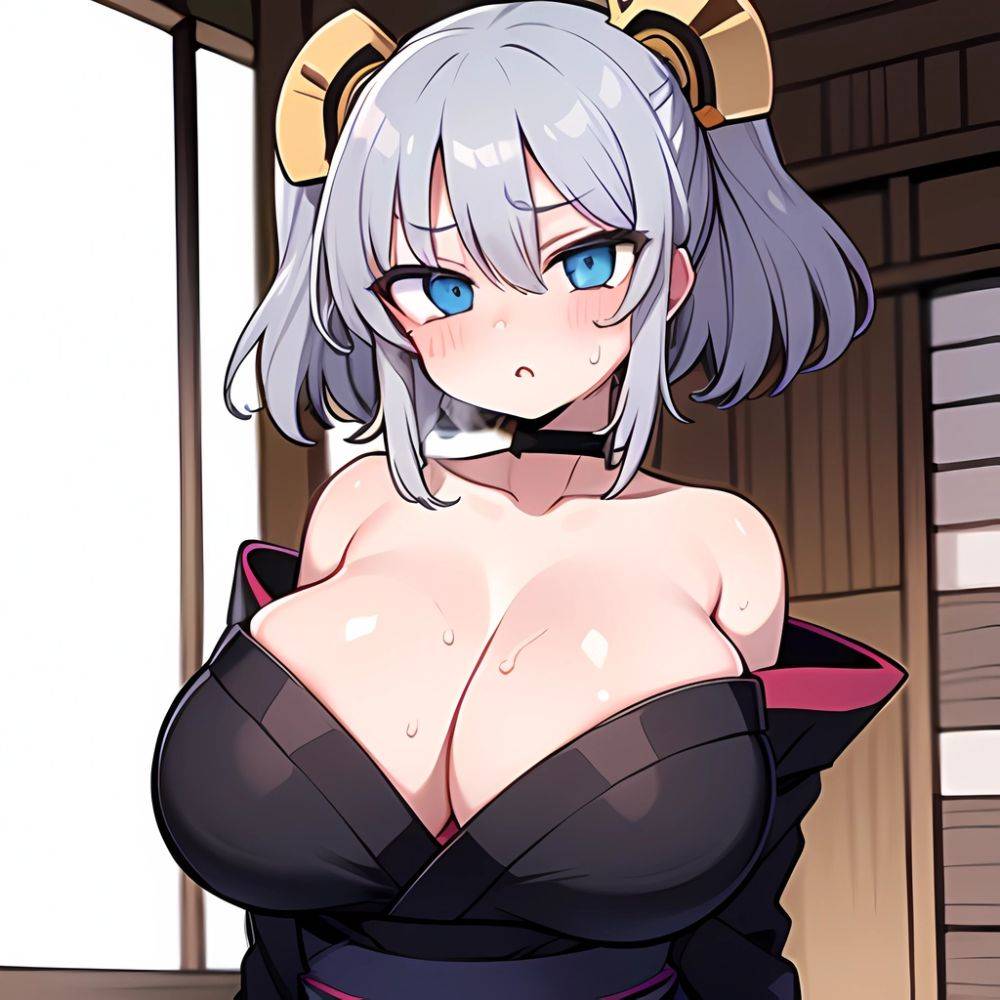 Yumi Senran Kagura 1girl Bare Shoulders Blue Eyes Breasts Cleavage Grey Hair Huge Breasts Japanese Clothes Kimono Looking At Vie, 2600368075 - AIHentai - #main