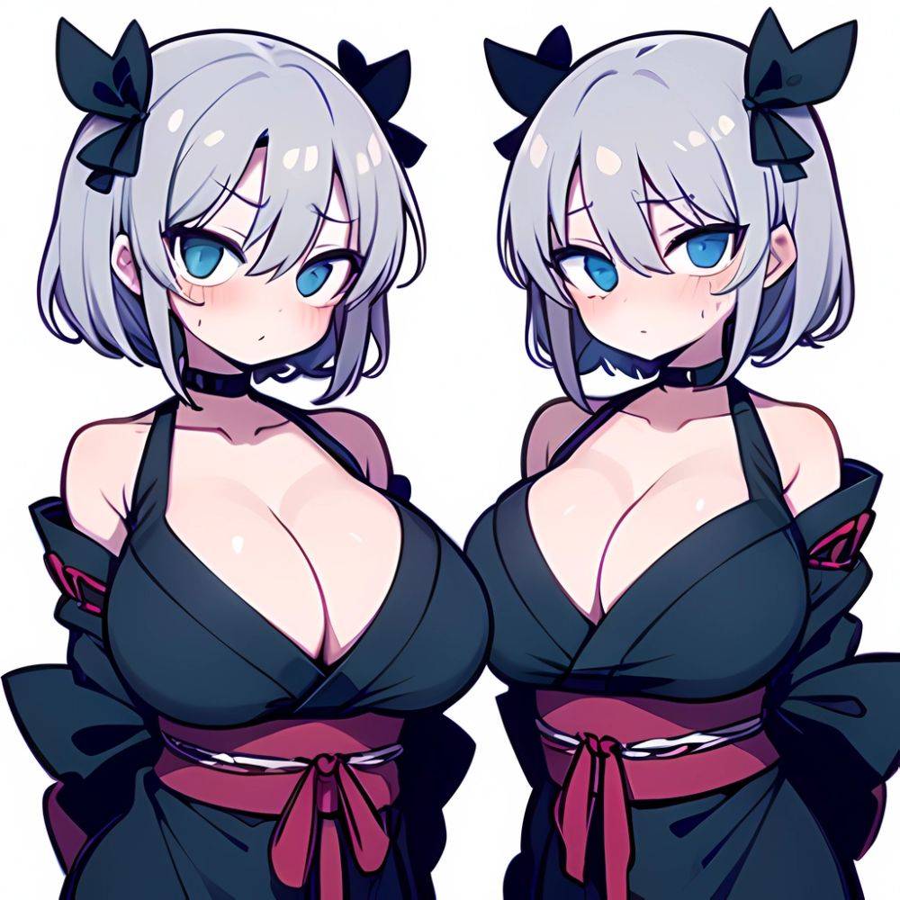 Yumi Senran Kagura 1girl Bare Shoulders Blue Eyes Breasts Cleavage Grey Hair Huge Breasts Japanese Clothes Kimono Looking At Vie, 2084574054 - AIHentai - #main