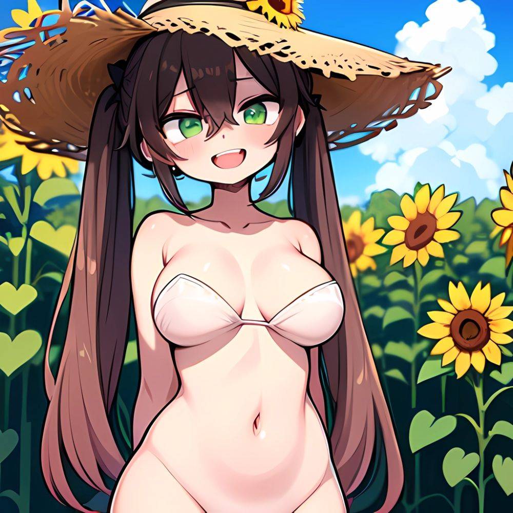 1girl D Backlighting Bare Arms Blue Sky Breasts Brown Hair Cloud Curvy Day Naked Flower Green Eyes Hair Between Eyes, 4250718374 - AIHentai - #main