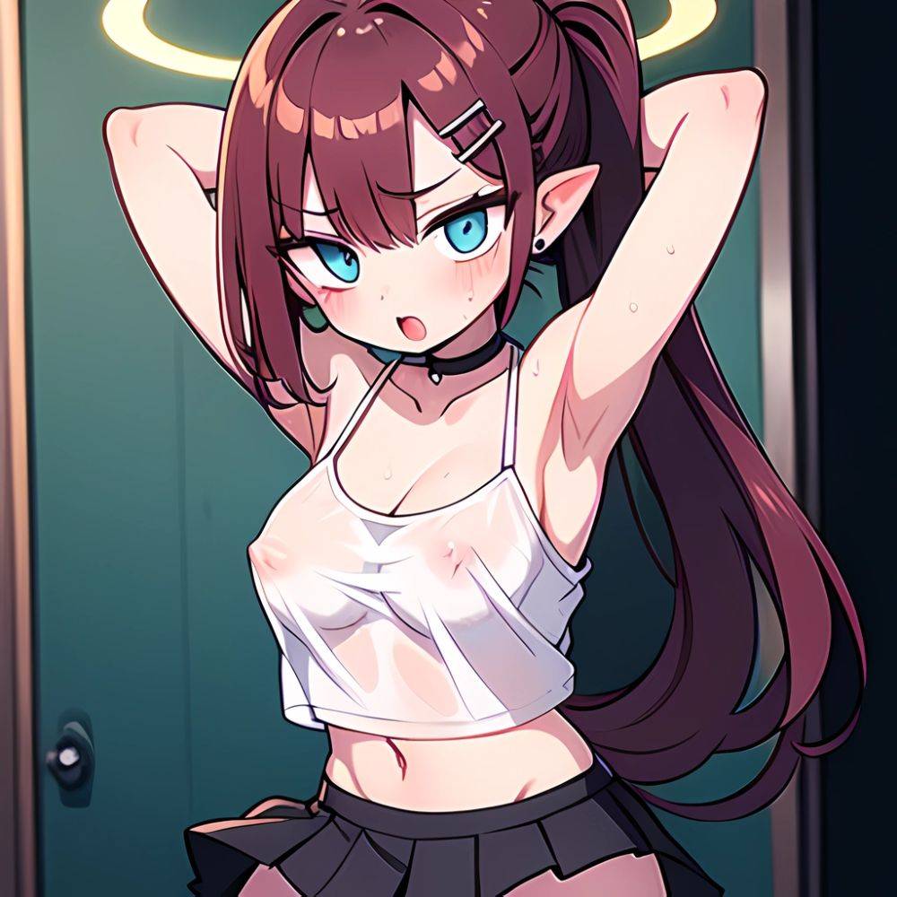 Megu Blue Archive 1girl Areola Slip Armpits Arms Behind Head Bare Shoulders Black Skirt Blue Eyes Blush Breasts Choker Cleavage, 4237143855 - AIHentai - #main