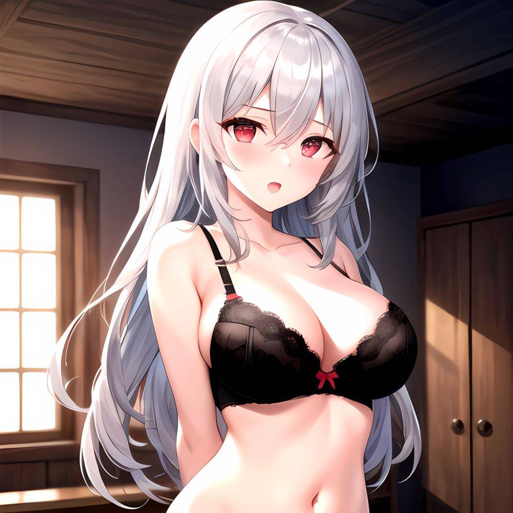 1girl Black Bra Blush Bra Breasts Double Parted Bangs Grey Hair Hair Between Eyes Indoors Large Breasts Long Hair Looking, 1189135454 - AIHentai - #main