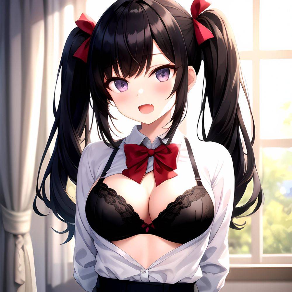 1girl Black Eyes Black Hair Blush Bow Bowtie Bra Breasts Center Opening Cleavage Collared Shirt Fang Grey Bra Hair Intakes, 1864444784 - AIHentai - #main