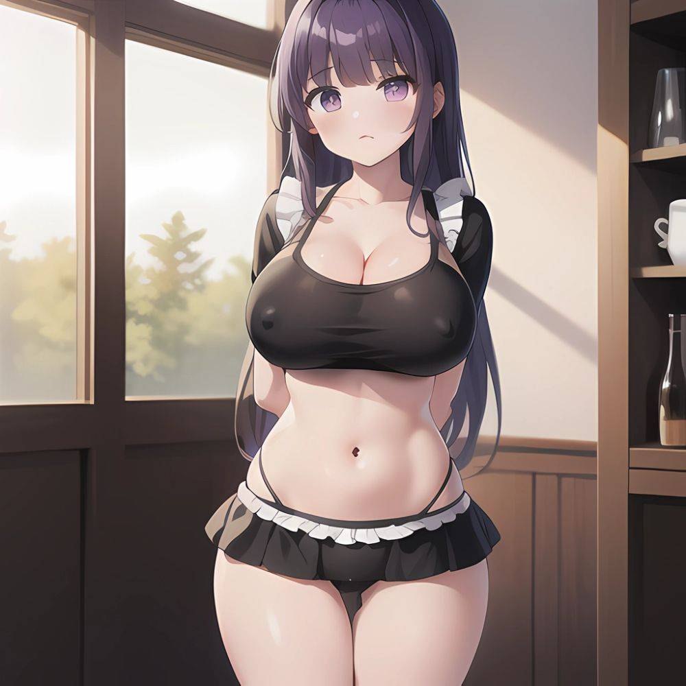 Fern Sousou No Frieren 1girl Apron Black Apron Black Panties Blunt Bangs Breasts Cleavage Collarbone Covered Navel Covered Nippl, 519310113 - AIHentai - #main