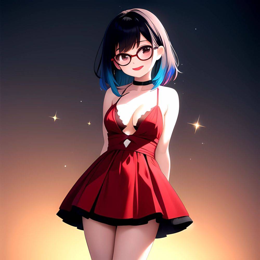 Kson 1girl Black Hair Blue Hair Breasts Brown Eyes Choker Cleavage Collarbone Dress Glasses Gradient Hair Head Tilt Looking At, 2554823003 - AIHentai - #main