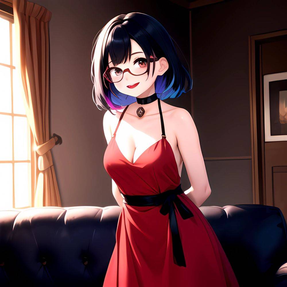 Kson 1girl Black Hair Blue Hair Breasts Brown Eyes Choker Cleavage Collarbone Couch Dress Glasses Gradient Hair Head Tilt Lookin, 3364735327 - AIHentai - #main