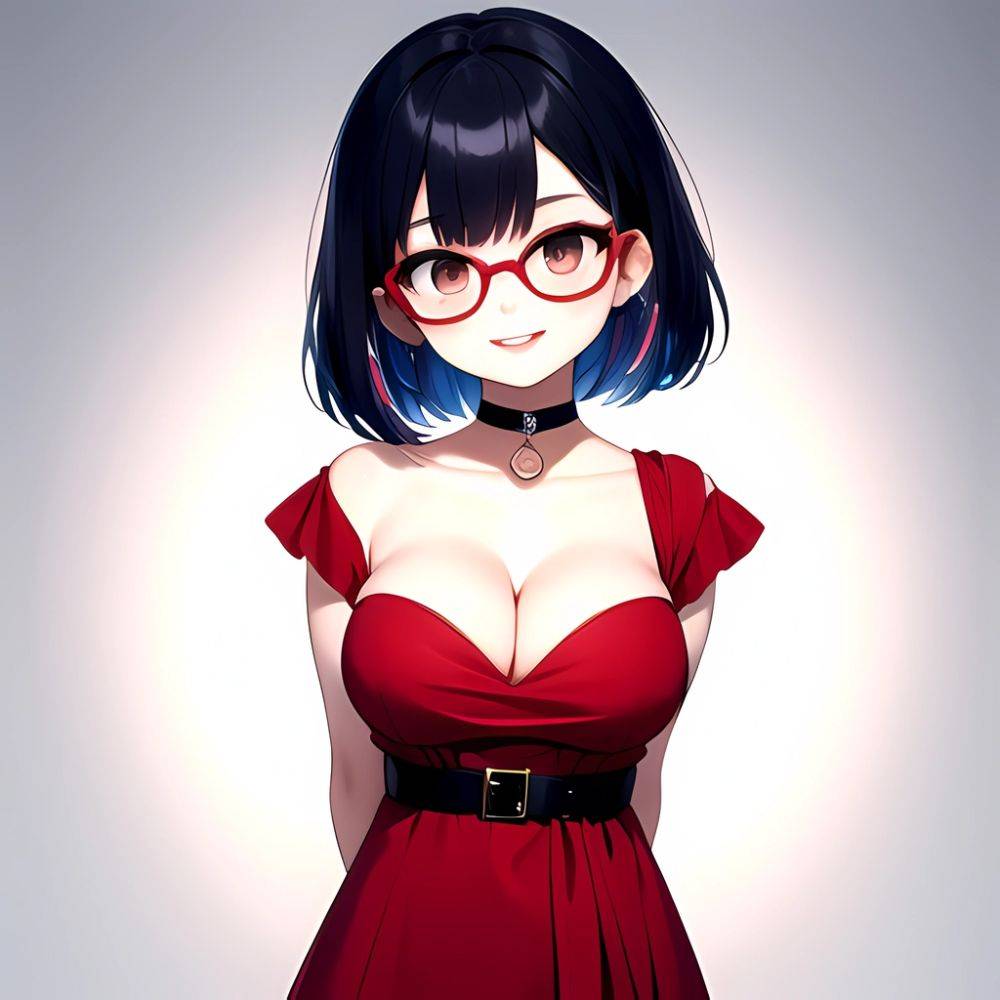 Kson 1girl Black Hair Blue Hair Breasts Brown Eyes Choker Cleavage Collarbone Dress Glasses Gradient Hair Head Tilt Looking At, 365280788 - AIHentai - #main