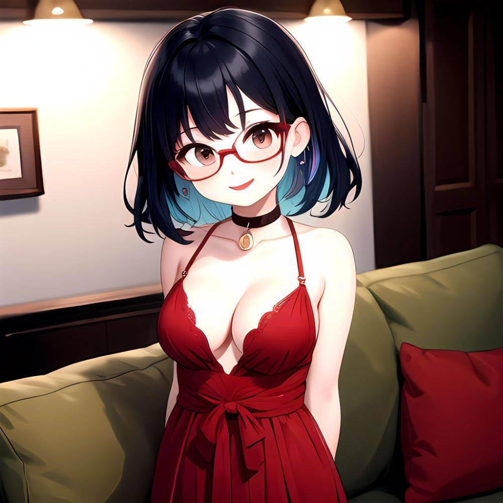 Kson 1girl Black Hair Blue Hair Breasts Brown Eyes Choker Cleavage Collarbone Couch Dress Glasses Gradient Hair Head Tilt Lookin, 1350387677 - AIHentai - #main