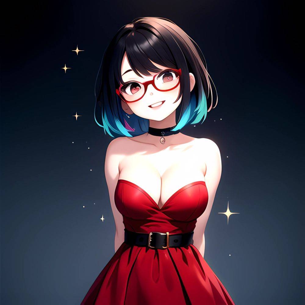 Kson 1girl Black Hair Blue Hair Breasts Brown Eyes Choker Cleavage Collarbone Dress Glasses Gradient Hair Head Tilt Looking At, 652634989 - AIHentai - #main