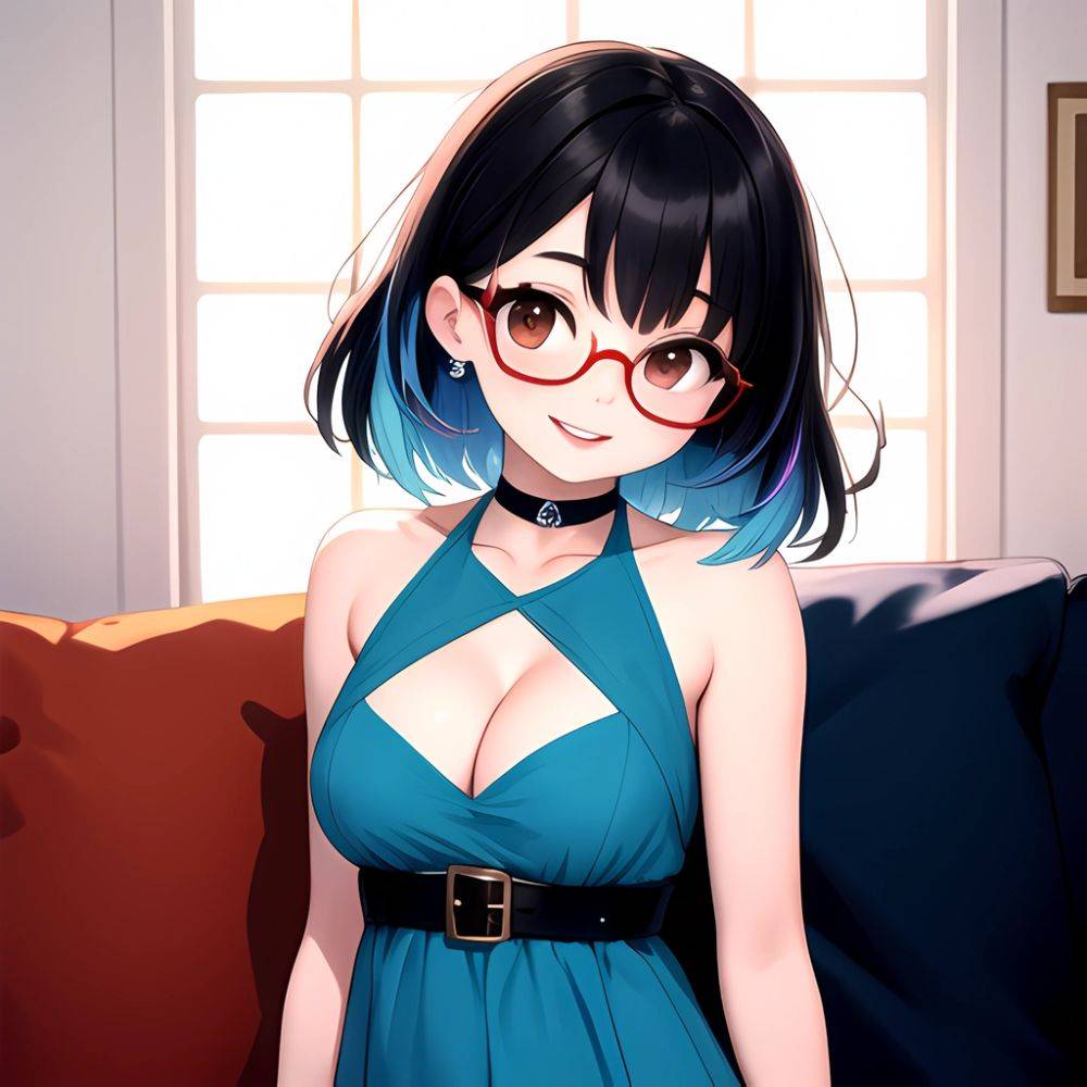 Kson 1girl Black Hair Blue Hair Breasts Brown Eyes Choker Cleavage Collarbone Couch Dress Glasses Gradient Hair Head Tilt Lookin, 2706067606 - AIHentai - #main
