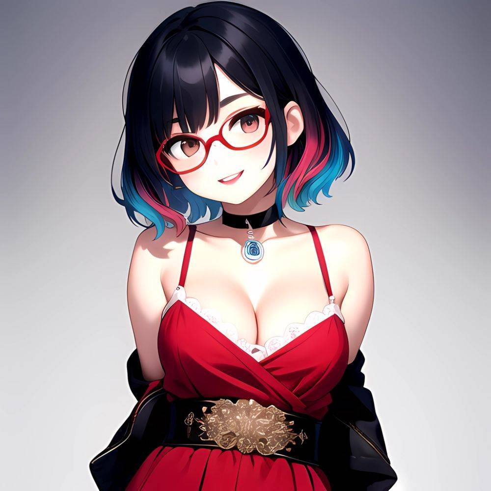 Kson 1girl Black Hair Blue Hair Breasts Brown Eyes Choker Cleavage Collarbone Dress Glasses Gradient Hair Head Tilt Looking At, 1484301528 - AIHentai - #main