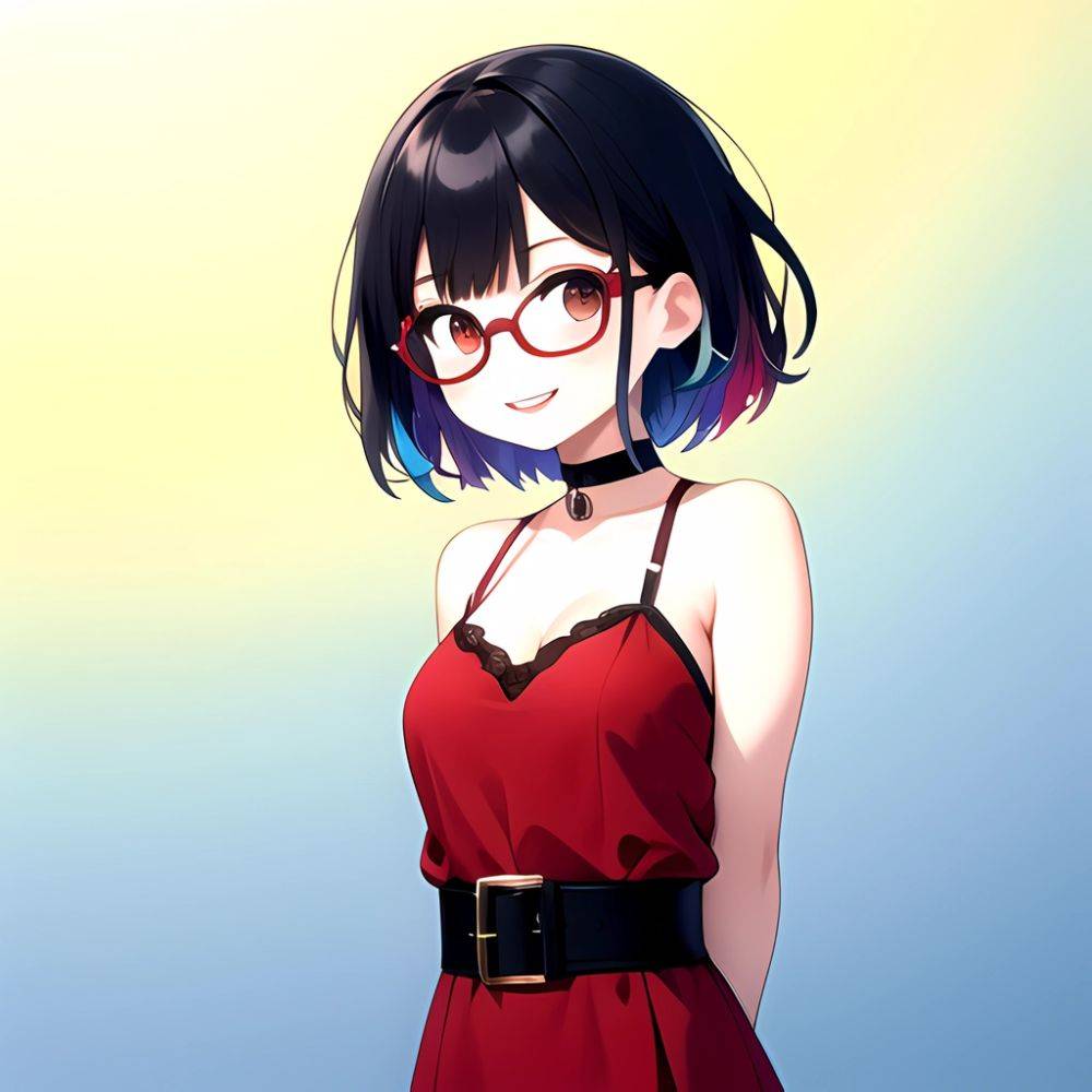 Kson 1girl Black Hair Blue Hair Breasts Brown Eyes Choker Cleavage Collarbone Dress Glasses Gradient Hair Head Tilt Looking At, 2305109948 - AIHentai - #main